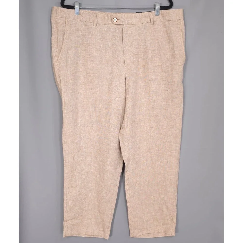 Tasso Elba 100% Linen Pants Khaki 38W 30L Casual Dress Flat Front Lightweight